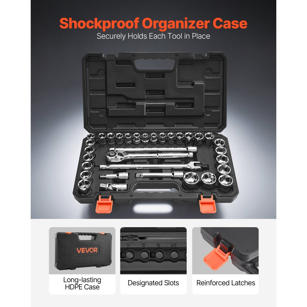 VEVOR Socket Set, 33 Pieces, 1/2 inch Drive Socket and Ratchet Set, SAE and Metric, Mechanic Tool Kit with Ratchet Wrench, Extension Bar and Storage Case, CR-V Alloy Steel, for Automotive Repair
