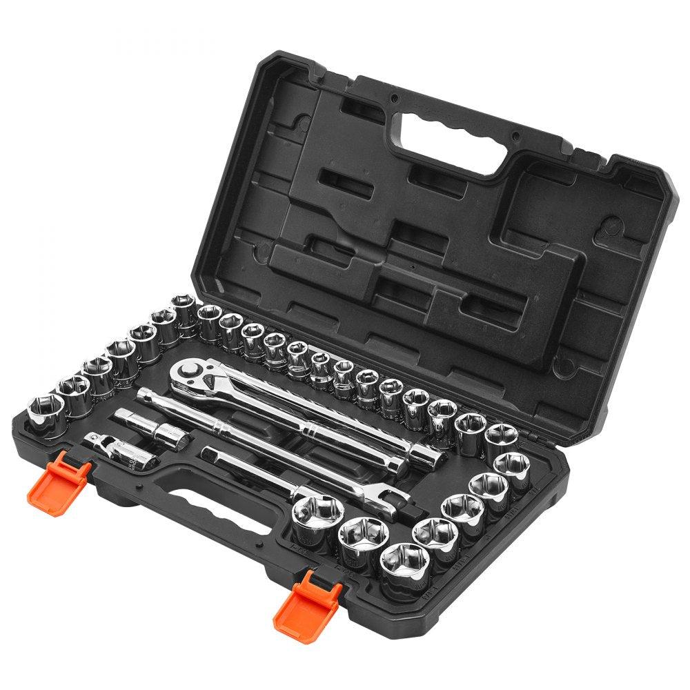 VEVOR Socket Set, 33 Pieces, 1/2 inch Drive Socket and Ratchet Set, SAE and Metric, Mechanic Tool Kit with Ratchet Wrench, Extension Bar and Storage Case, CR-V Alloy Steel, for Automotive Repair