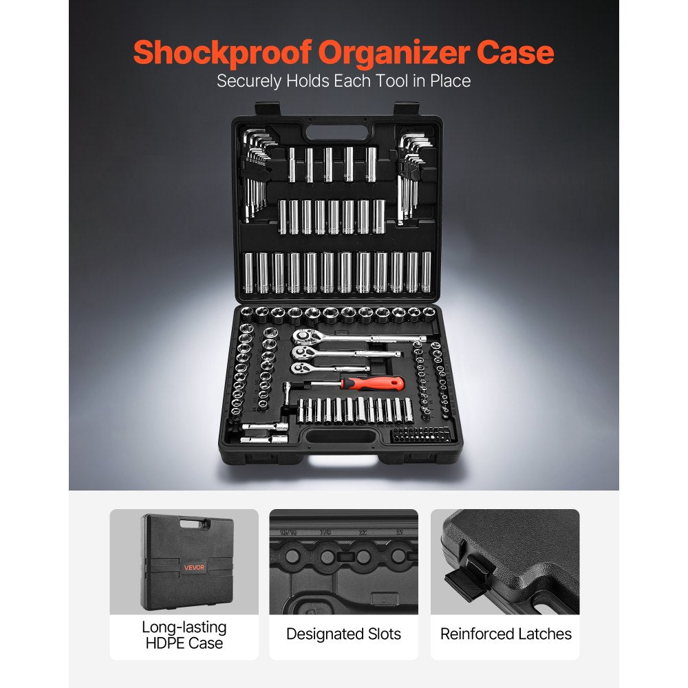 VEVOR Socket Set, 149 Pieces, 3/8 & 1/4 & 1/2 inch Drive Socket and Ratchet Set, SAE and Metric, Deep and Shallow, Mechanic Tool Kit with Bits, Accessories, Storage Case, CR-V Alloy Steel, for Repair