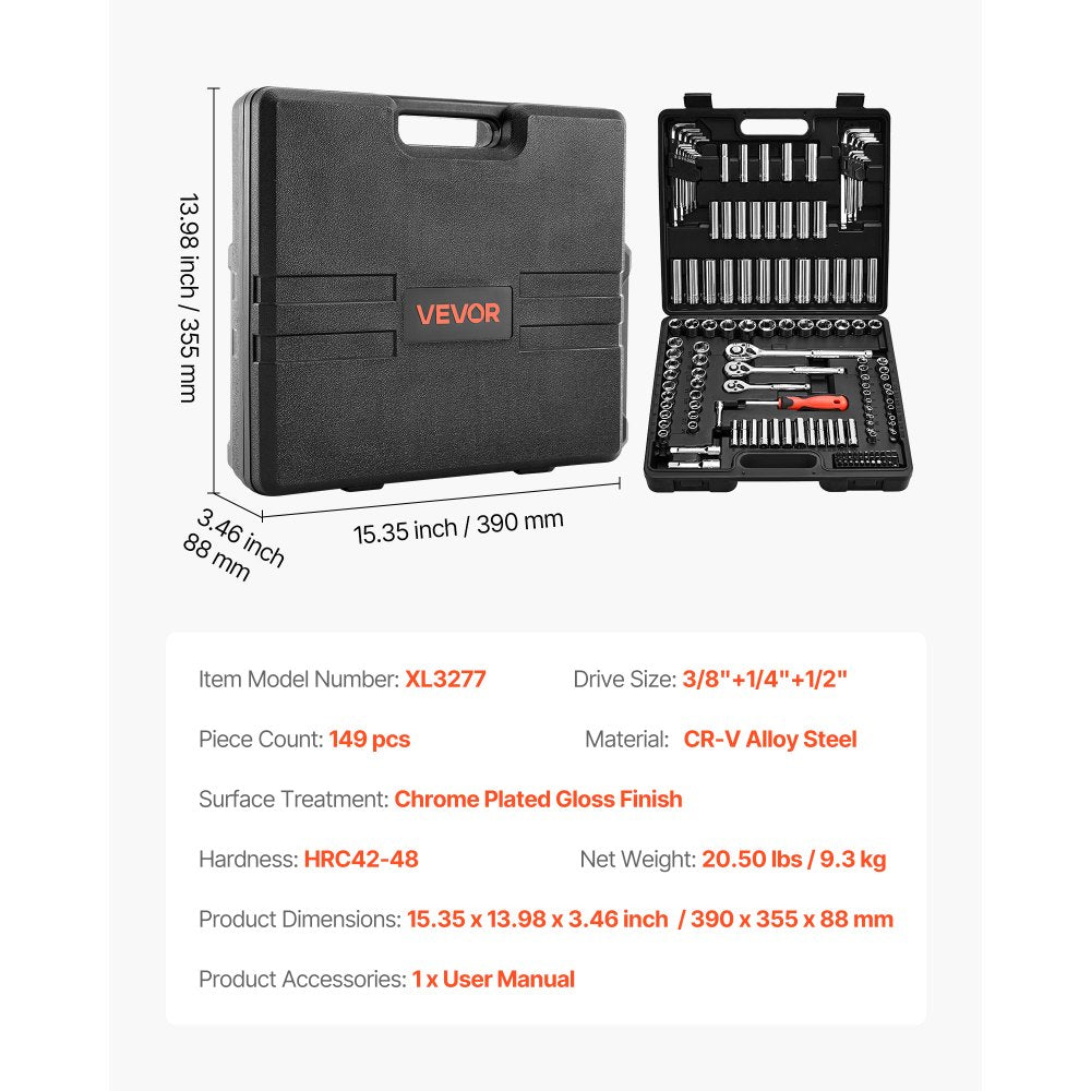 VEVOR Socket Set, 149 Pieces, 3/8 & 1/4 & 1/2 inch Drive Socket and Ratchet Set, SAE and Metric, Deep and Shallow, Mechanic Tool Kit with Bits, Accessories, Storage Case, CR-V Alloy Steel, for Repair