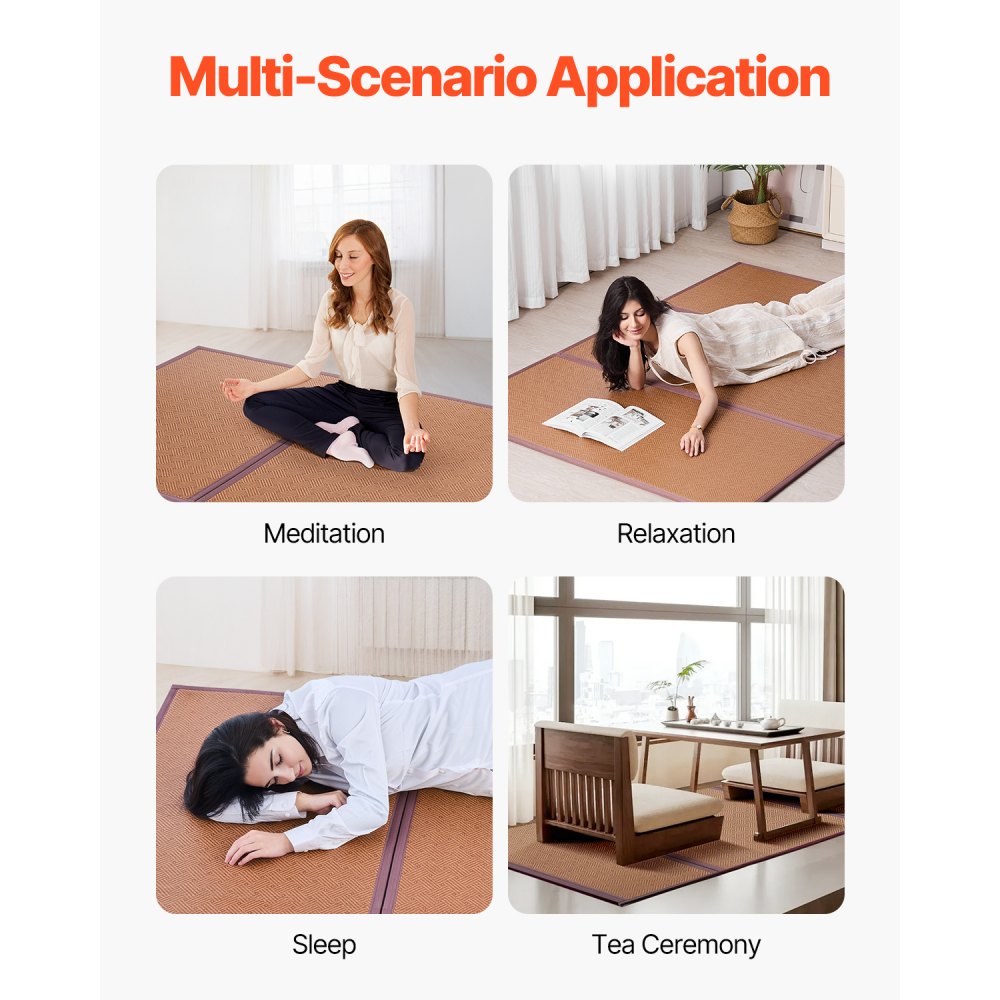 VEVOR Japanese Tatami Mat, 80 x 55 in Foldable Handwoven Natural Rattan Tatami Mat, Non-Slip & Easily Cleaned Japanese Tatami Floor Mat, Summer Breathable Sleeping Mat for Meditation Yoga Relaxation