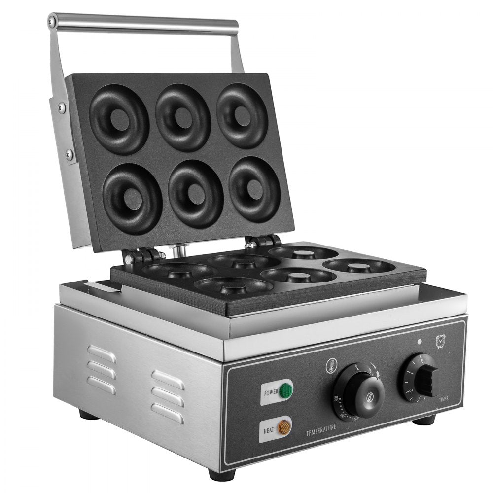 VEVOR 110V Commercial Waffle Donut Machine 6 Holes Double-Sided Heating 50-300℃, Electric Doughnut Maker 1550W, Non-stick Donut MakerTeflon-Coating for Professional Kitchen (Depth:0.55\",Dia:2.95\")