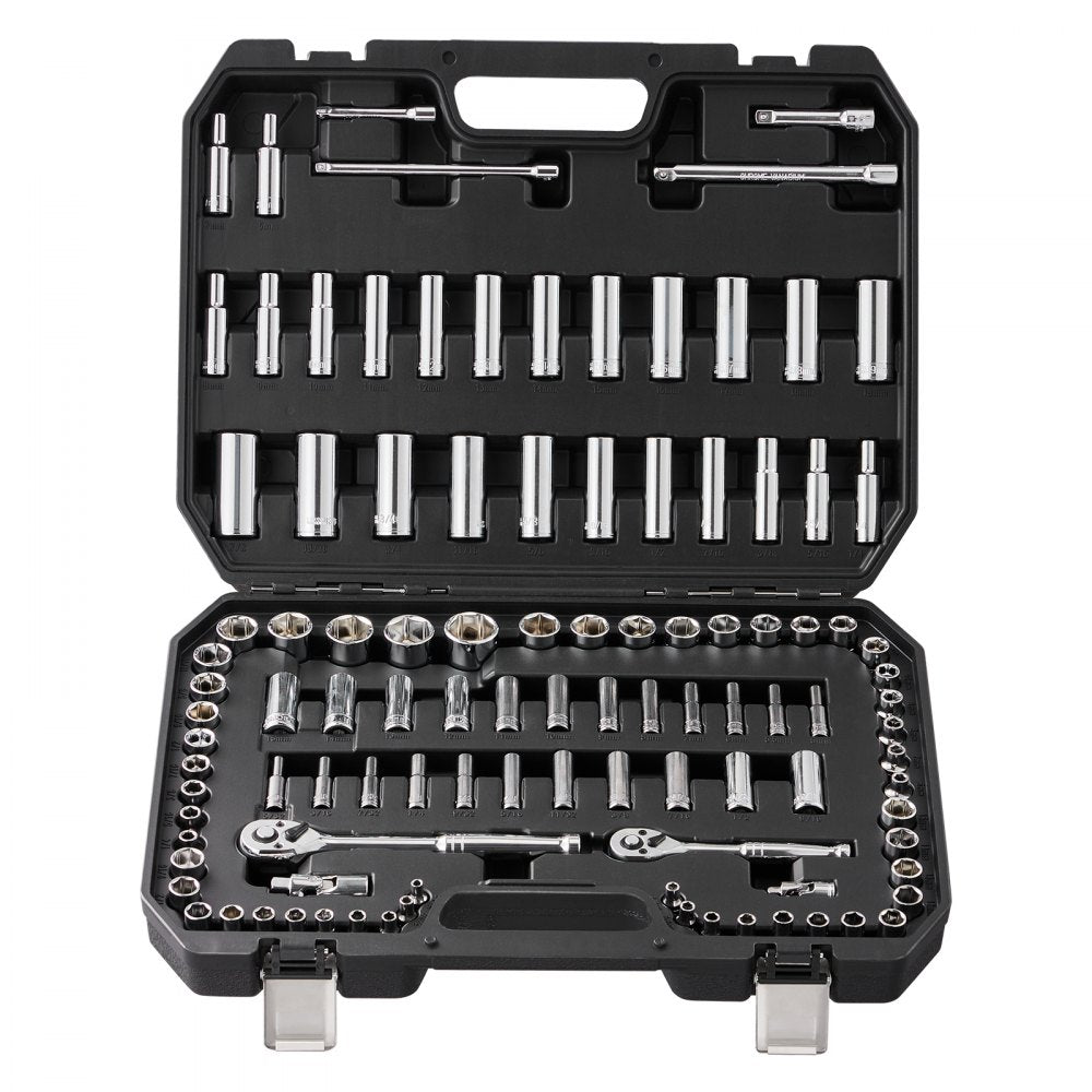 VEVOR Socket Set, 1/4" and 3/8" Drive Socket and Ratchet Set, 6-Point Socket Opening, 106 Pcs Tool Set SAE and Metric, Deep and Standard Sockets, 5/32-1 in, 5-19 mm, with Accessories, Storage Case