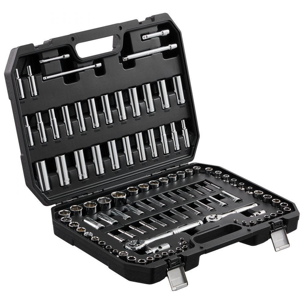 VEVOR Socket Set, 1/4" and 3/8" Drive Socket and Ratchet Set, 6-Point Socket Opening, 106 Pcs Tool Set SAE and Metric, Deep and Standard Sockets, 5/32-1 in, 5-19 mm, with Accessories, Storage Case