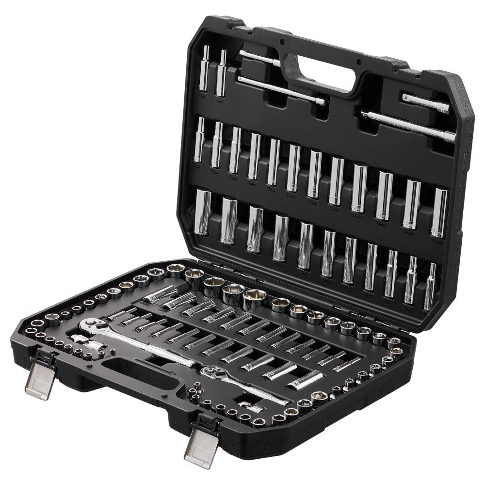 VEVOR Socket Set, 1/4" and 3/8" Drive Socket and Ratchet Set, 6-Point Socket Opening, 106 Pcs Tool Set SAE and Metric, Deep and Standard Sockets, 5/32-1 in, 5-19 mm, with Accessories, Storage Case