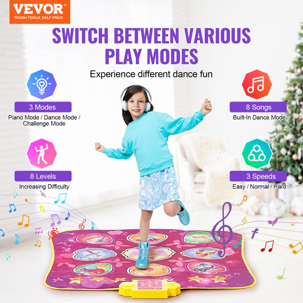 VEVOR Dance Mat, 9-Button Dance Mixer Rhythm Step Play Mat, Electronic Dance Pad with 3 Game Modes, Adjustable Volume, Built-in Music, 8 Challenge Levels, Birthday Toys Gifts for 3+ Year Old Girls