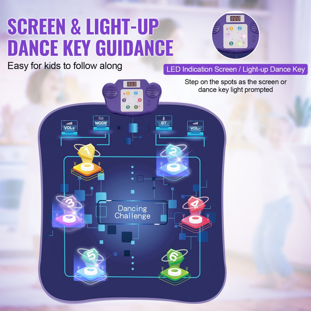 VEVOR Dance Mat, 6-Button Dance Mixer Rhythm Step Play Mat, Electronic Dance Pad with Wireless Bluetooth, LED Lights, 5 Game Modes, Adjustable Volume, Built-in Music, Toys Gifts for 3+ Year Old Girls