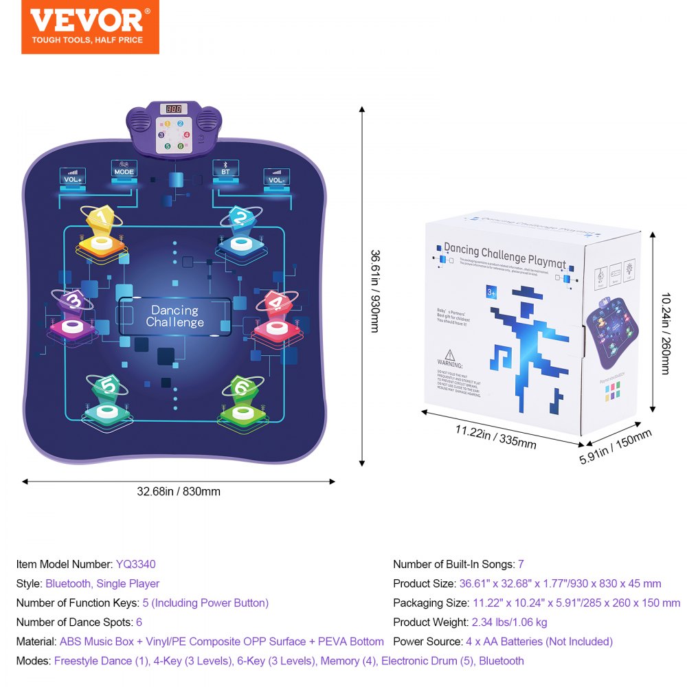 VEVOR Dance Mat, 6-Button Dance Mixer Rhythm Step Play Mat, Electronic Dance Pad with Wireless Bluetooth, LED Lights, 5 Game Modes, Adjustable Volume, Built-in Music, Toys Gifts for 3+ Year Old Girls