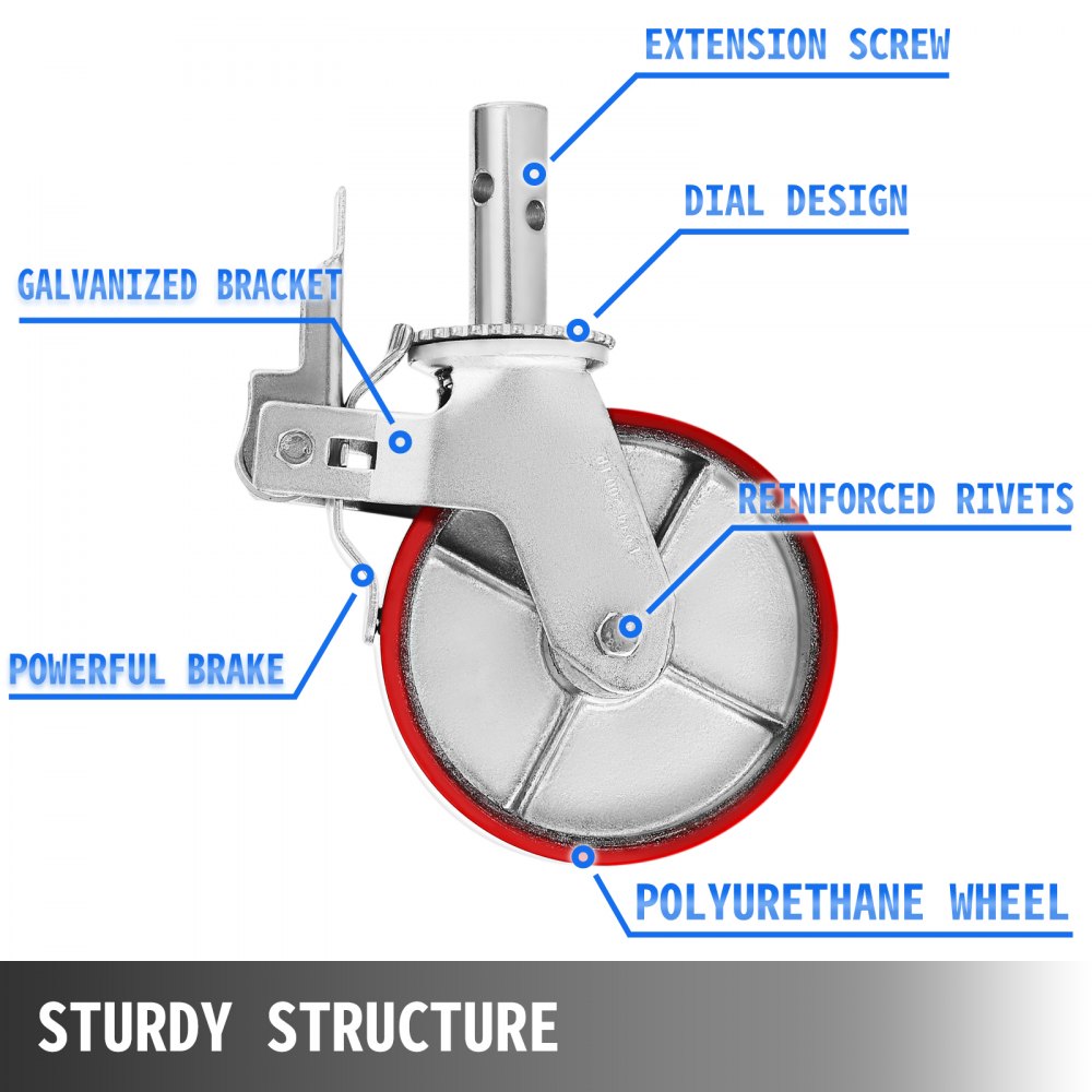 VEVOR Scaffolding Wheels Set, Heavy Duty 4-Pack 8\" Scaffolding Casters, with 4400 Lbs Per Set and Locking Stem Casters with Brake, Polyurethane Replacement for Scaffold, Shelves, Workbench