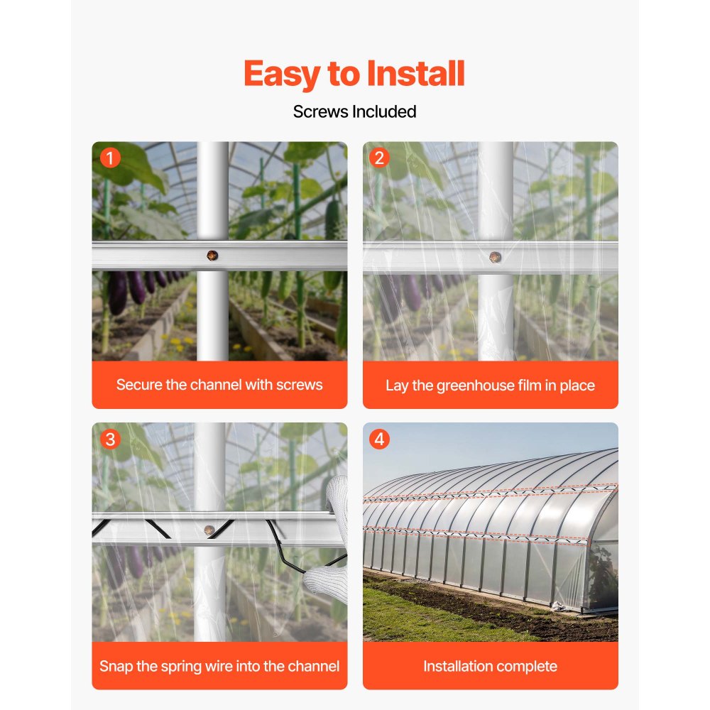 VEVOR Greenhouse Spring Wire and Lock Channel, 20 Packs 6.56 ft PVC-Coated Wiggle Wire & Aluminum Alloy Channel Bundle Kit with Included Screws, 0.05 in Thickened, Poly Film & Shade Cloth Attachments