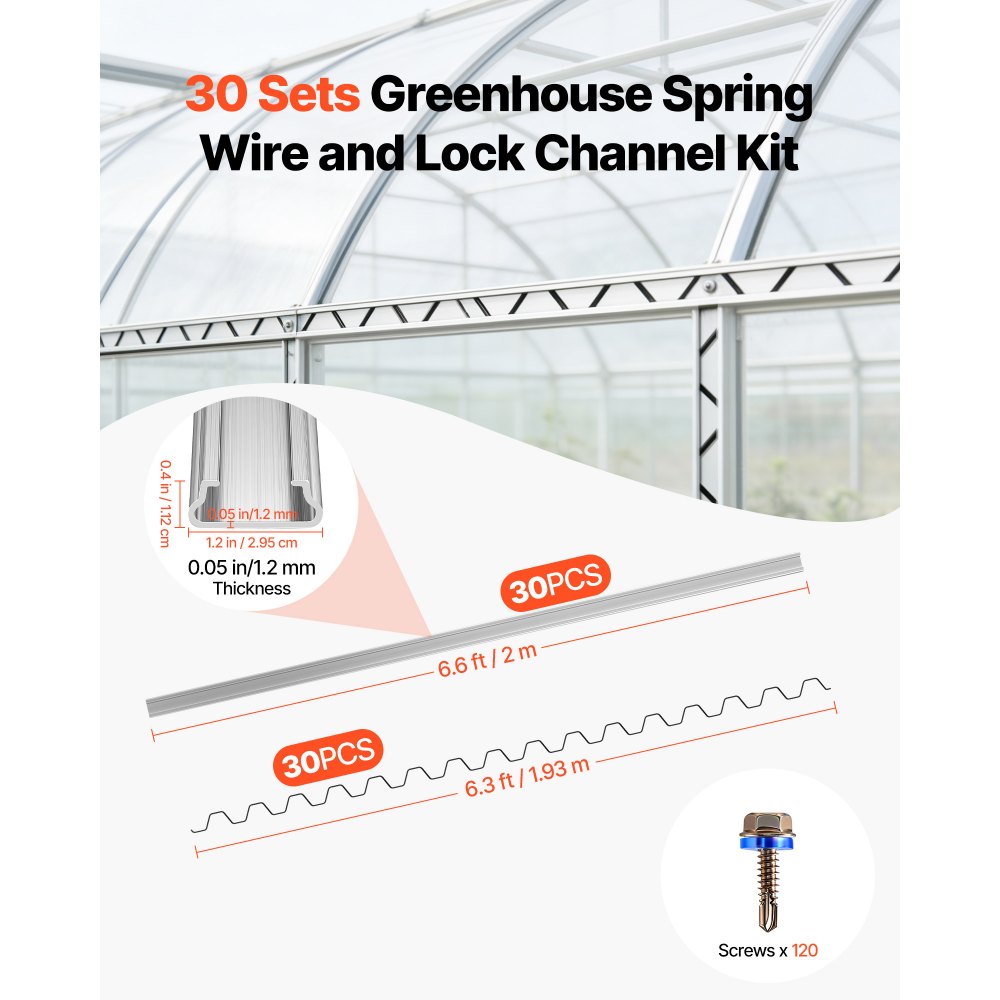 VEVOR Greenhouse Spring Wire and Lock Channel, 30 Packs 6.56 ft PVC-Coated Wiggle Wire & Aluminum Alloy Channel Bundle Kit with Included Screws, 0.05 in Thickened, Poly Film & Shade Cloth Attachments