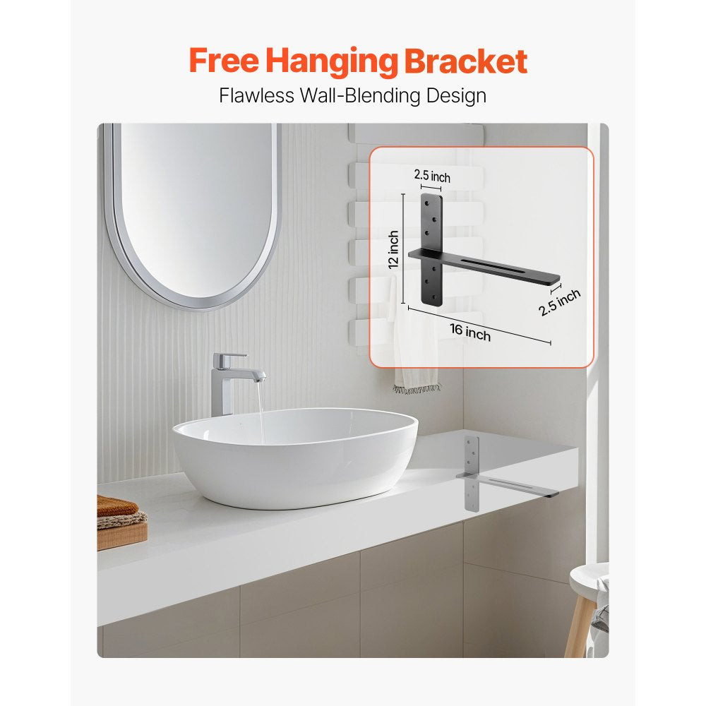 VEVOR T Shelf Brackets 2 Pcs, 200 lbs/90 kg Weight Capacity, 16x2.89x12 in / 406.4x73.5x304.8 mm, Solid Steel Heavy Duty Brackets for Shelves, Countertop Support Floating Bracket Hardware with Screws