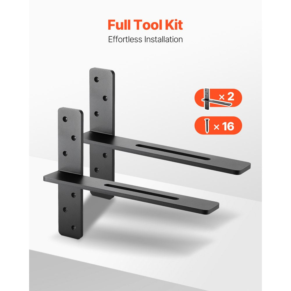 VEVOR T Shelf Brackets 2 Pcs, 200 lbs/90 kg Weight Capacity, 16x2.89x12 in / 406.4x73.5x304.8 mm, Solid Steel Heavy Duty Brackets for Shelves, Countertop Support Floating Bracket Hardware with Screws