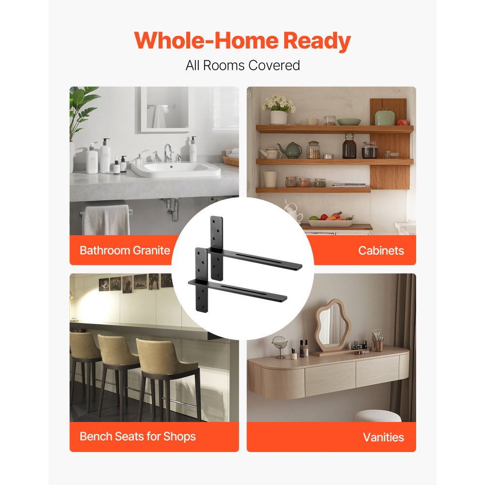 VEVOR T Shelf Brackets 2 Pcs, 200 lbs/90 kg Weight Capacity, 18x2.89x12 in / 457.2x73.5x304.8 mm, Solid Steel Heavy Duty Brackets for Shelves, Countertop Support Floating Bracket Hardware with Screws