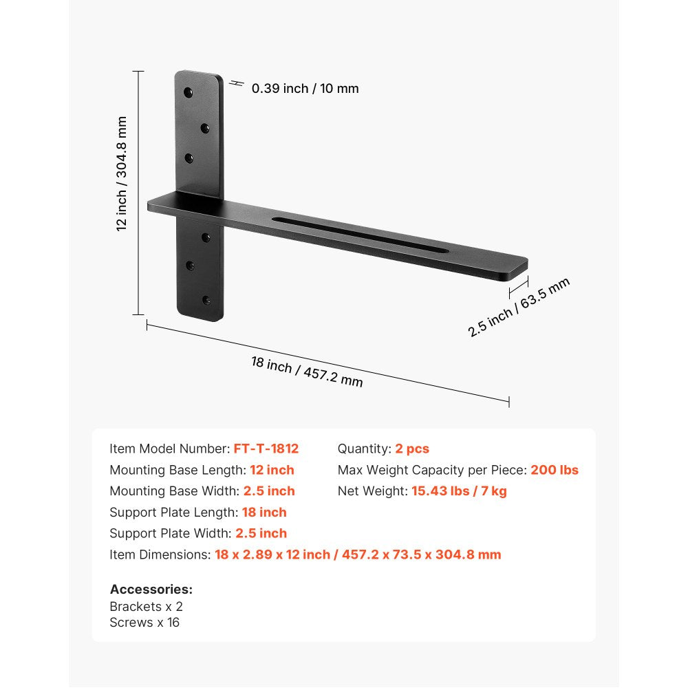VEVOR T Shelf Brackets 2 Pcs, 200 lbs/90 kg Weight Capacity, 18x2.89x12 in / 457.2x73.5x304.8 mm, Solid Steel Heavy Duty Brackets for Shelves, Countertop Support Floating Bracket Hardware with Screws