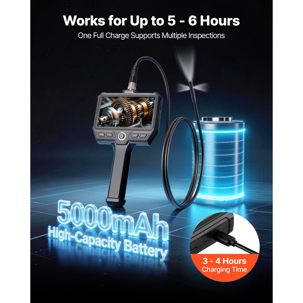 VEVOR Triple Lens Endoscope with Light, 5" HD IPS Screen Industrial Borescope Camera, 8 + 2 LED Lights, 8X Zoom, 5000mAh, IP67 Waterproof Inspection Snake Camera for Automotive, Plumbing (4.9FT Cable)