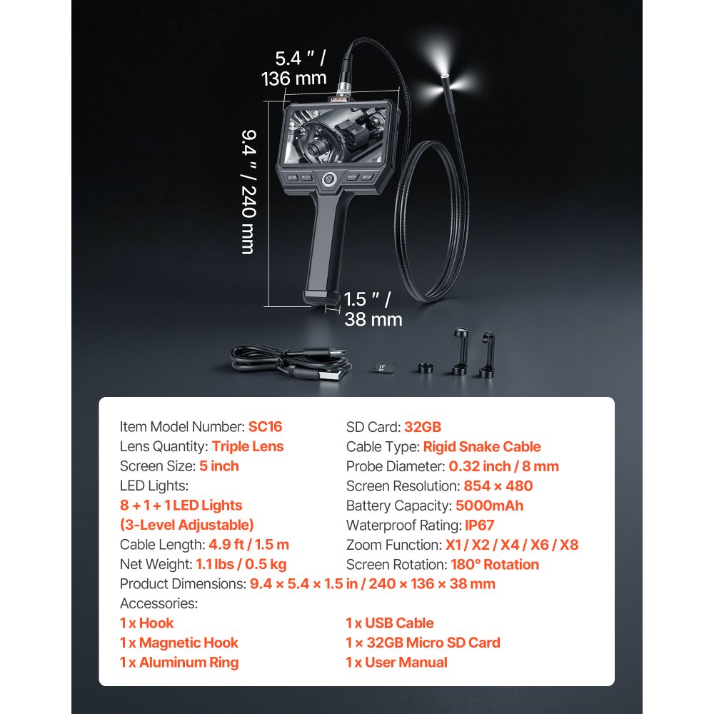 VEVOR Triple Lens Endoscope with Light, 5" HD IPS Screen Industrial Borescope Camera, 8 + 2 LED Lights, 8X Zoom, 5000mAh, IP67 Waterproof Inspection Snake Camera for Automotive, Plumbing (4.9FT Cable)