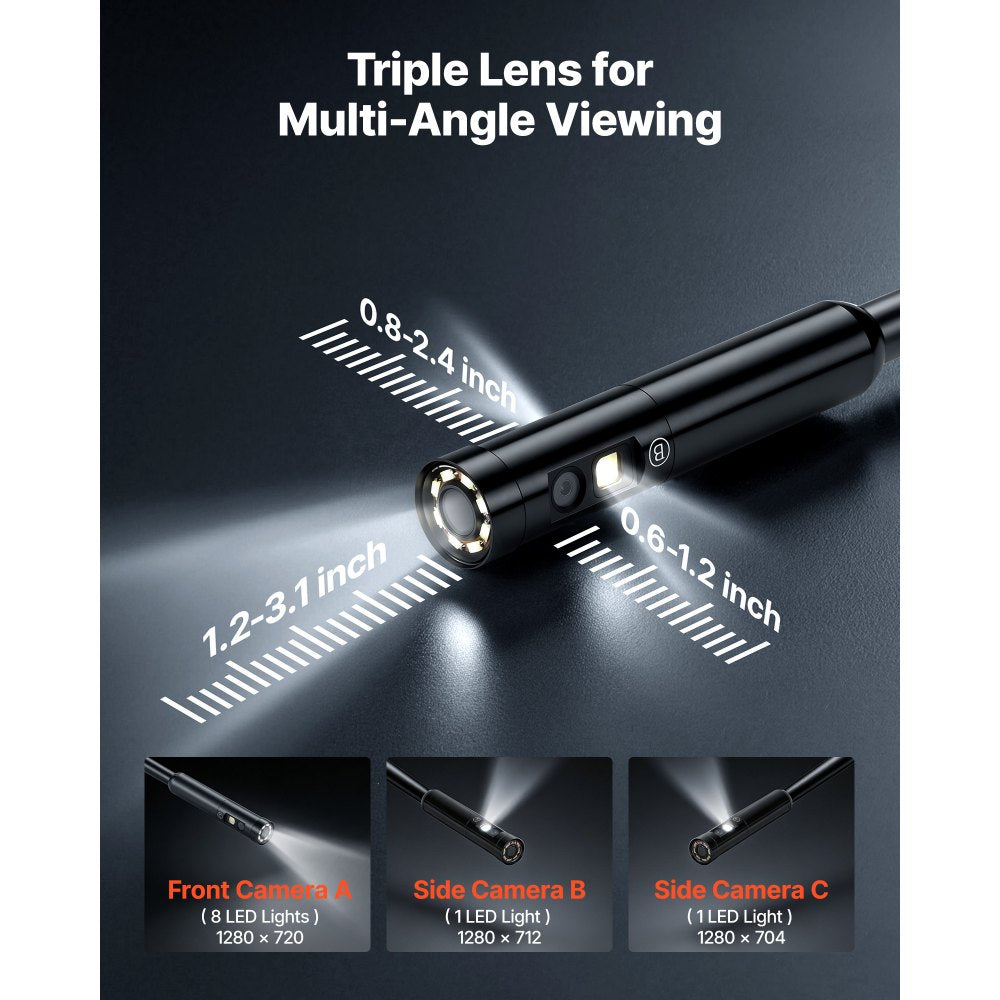 VEVOR Triple Lens Endoscope with 32.8FT Newly Ultra-Rigid Cable, Industrial Borescope with Light, 5" HD IPS Screen, 8 + 2 Lights, 8X Zoom, 5000mAh, IP67 Waterproof Snake Camera for Auto, Plumbing
