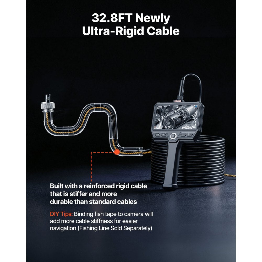 VEVOR Triple Lens Endoscope with 32.8FT Newly Ultra-Rigid Cable, Industrial Borescope with Light, 5" HD IPS Screen, 8 + 2 Lights, 8X Zoom, 5000mAh, IP67 Waterproof Snake Camera for Auto, Plumbing