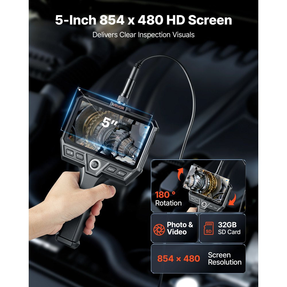VEVOR Triple Lens Endoscope with 32.8FT Newly Ultra-Rigid Cable, Industrial Borescope with Light, 5" HD IPS Screen, 8 + 2 Lights, 8X Zoom, 5000mAh, IP67 Waterproof Snake Camera for Auto, Plumbing