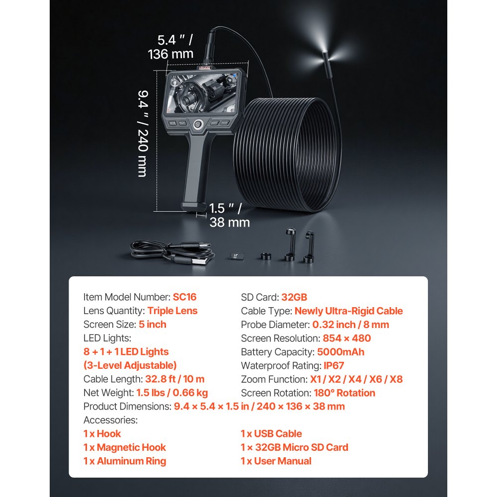 VEVOR Triple Lens Endoscope with 32.8FT Newly Ultra-Rigid Cable, Industrial Borescope with Light, 5" HD IPS Screen, 8 + 2 Lights, 8X Zoom, 5000mAh, IP67 Waterproof Snake Camera for Auto, Plumbing