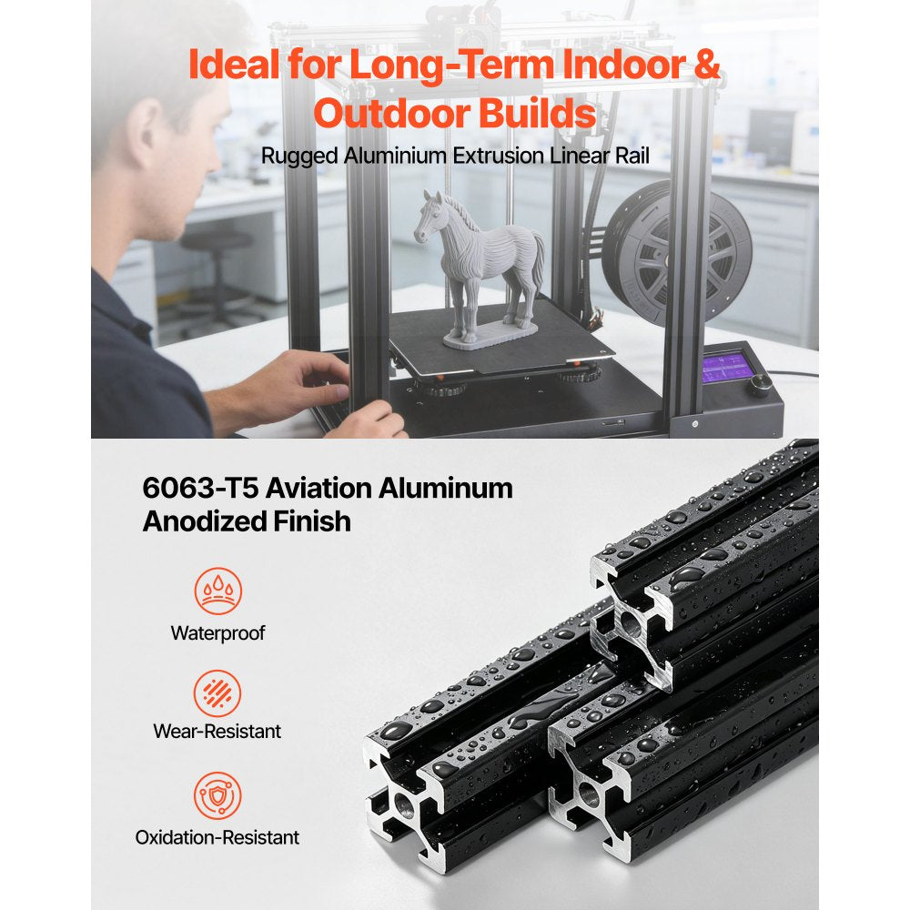 VEVOR 10PCS 2020 Aluminum Extrusion Profile, 48 Inch 1220 mm, T Slot European Standard Anodized Linear Rail, High-Strength Extruded Aluminum Rail, for 3D Printer Parts and CNC DIY Workbench, Black