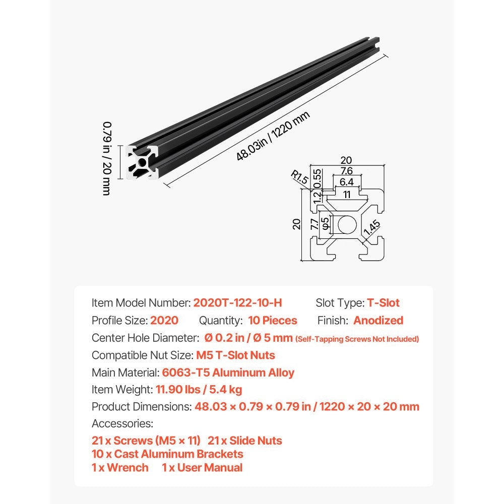 VEVOR 10PCS 2020 Aluminum Extrusion Profile, 48 Inch 1220 mm, T Slot European Standard Anodized Linear Rail, High-Strength Extruded Aluminum Rail, for 3D Printer Parts and CNC DIY Workbench, Black