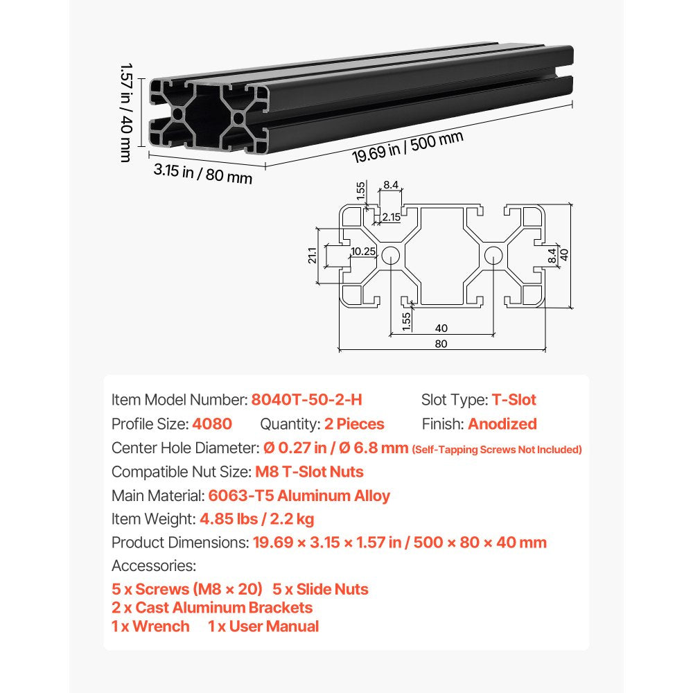 VEVOR 2PCS 4080 Aluminum Extrusion Profile, 19.69 Inch 500 mm, T Slot European Standard Anodized Linear Rail, High-Strength Extruded Aluminum Rail, for 3D Printer Parts and CNC DIY Workbench, Black
