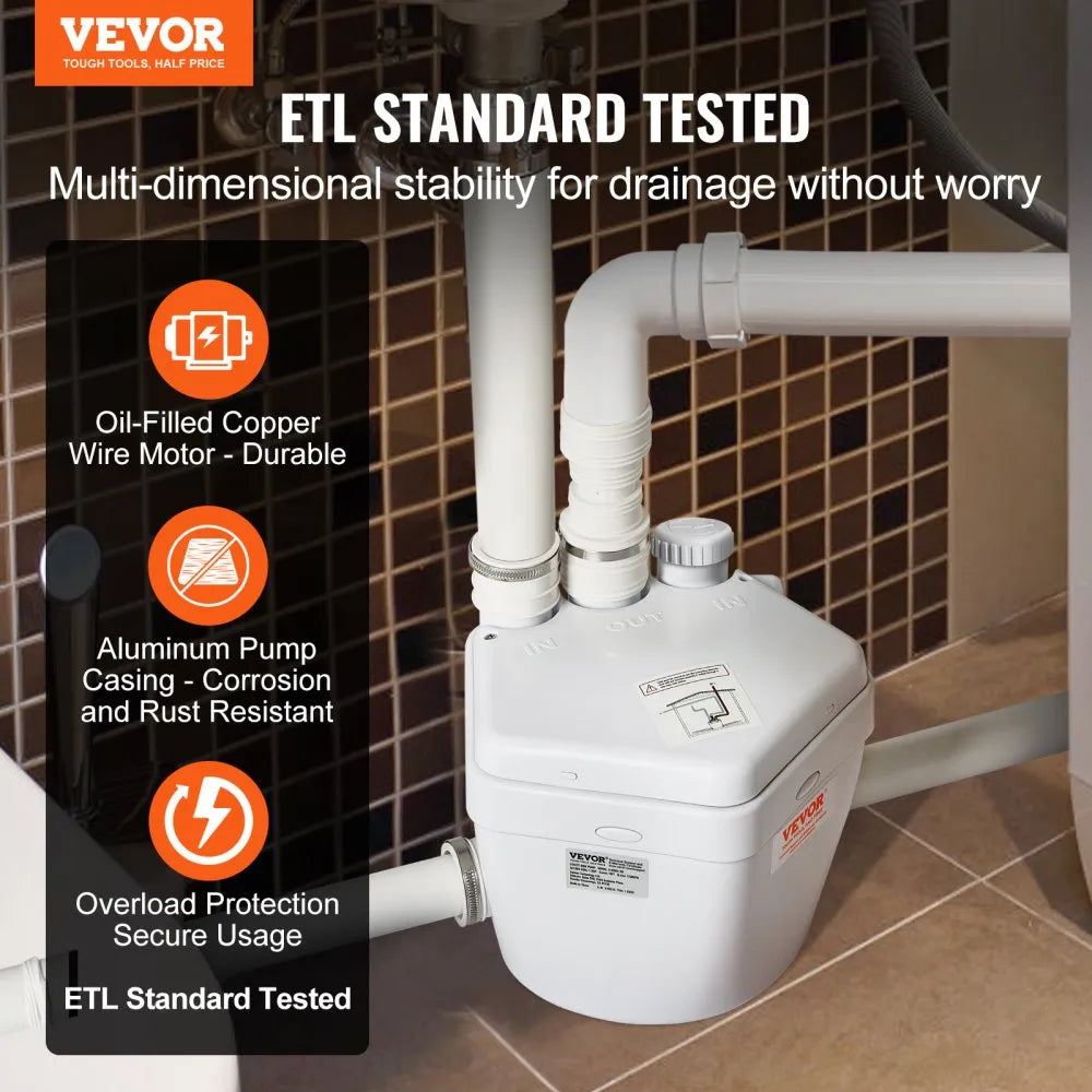 VEVOR Utility Sink Pump, 1/3 HP, 120-Volt, 1750 GPH Flow, 18 ft Head, Under-Sink Sump Pump System with Copper Wire Motor, Heavy-Duty Utility/Laundry Sink Pump, Drain Pump with 1-1/2" Outlet, White