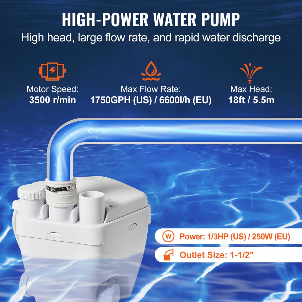 VEVOR Utility Sink Pump, 1/3 HP, 120-Volt, 1750 GPH Flow, 18 ft Head, Under-Sink Sump Pump System with Copper Wire Motor, Heavy-Duty Utility/Laundry Sink Pump, Drain Pump with 1-1/2" Outlet, White