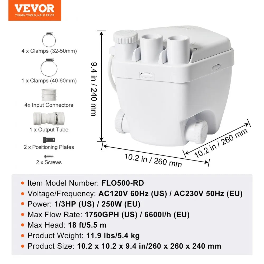 VEVOR Utility Sink Pump, 1/3 HP, 120-Volt, 1750 GPH Flow, 18 ft Head, Under-Sink Sump Pump System with Copper Wire Motor, Heavy-Duty Utility/Laundry Sink Pump, Drain Pump with 1-1/2" Outlet, White