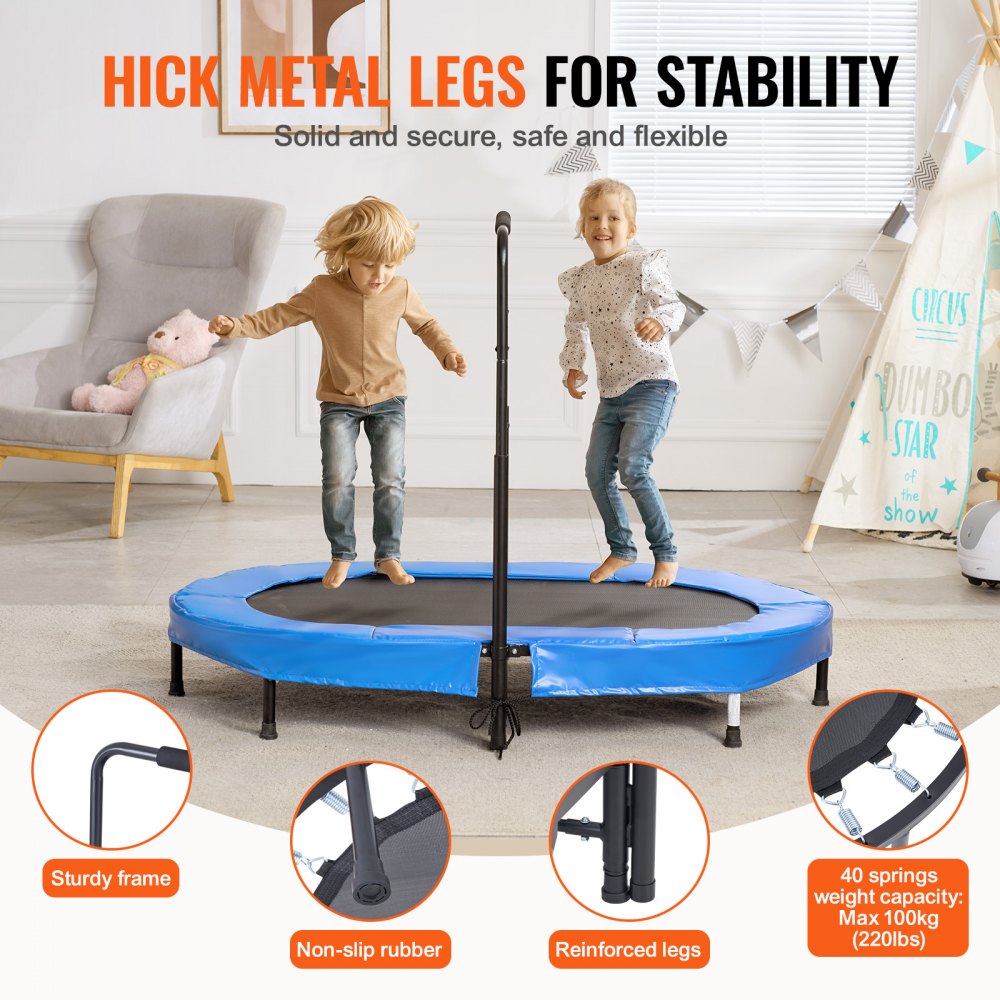 VEVOR Kids Trampoline, 56x36 inch Indoor Outdoor Trampoline, Foldable Mini Trampoline with Handle, Rebounder Trampoline for Toddlers, Birthday Gift for 3+ Years Children, Boys Girls for Fun, Bule