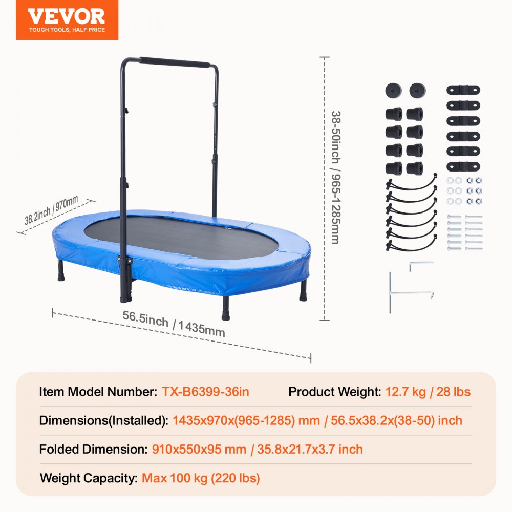 VEVOR Kids Trampoline, 56x36 inch Indoor Outdoor Trampoline, Foldable Mini Trampoline with Handle, Rebounder Trampoline for Toddlers, Birthday Gift for 3+ Years Children, Boys Girls for Fun, Bule