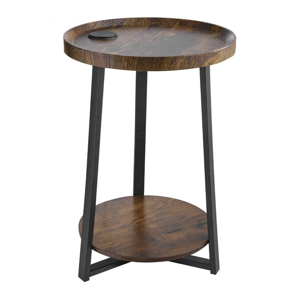 VEVOR End Table, 2-Tier Round Side Table with Open Storage Shelves, Modern Nightstand Bedside Desk with USB & AC Charging Port, Wood Sofa Coffee Desk for Living Room, Bedroom, Office, Dorm, Brown