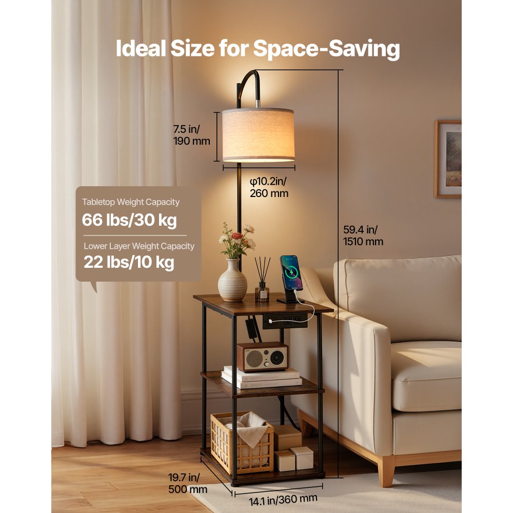 VEVOR Floor Lamp with Table, Narrow 3-Tier End Table with Open Shelves & 3 Color Temperature Lighting, Side Nightstand Bedside Desk with USB & Type C & AC Charging Port for Living Room, Bedroom, Dorm