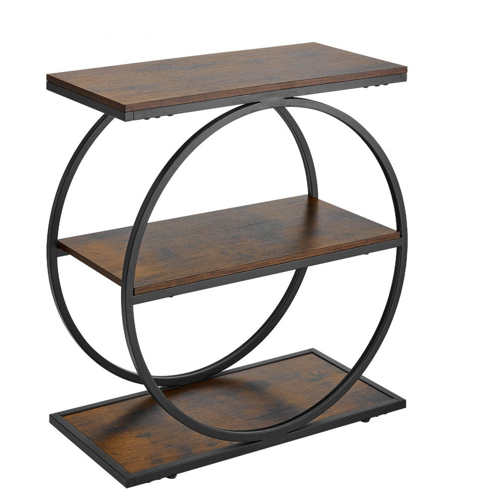VEVOR End Table, 3-Tier Narrow Side Table with Open Storage Shelves, Modern Nightstand Bedside Desk with Round Metal Frame, Wood Sofa Coffee Desk for Living Room, Bedroom, Office, Rustic Brown