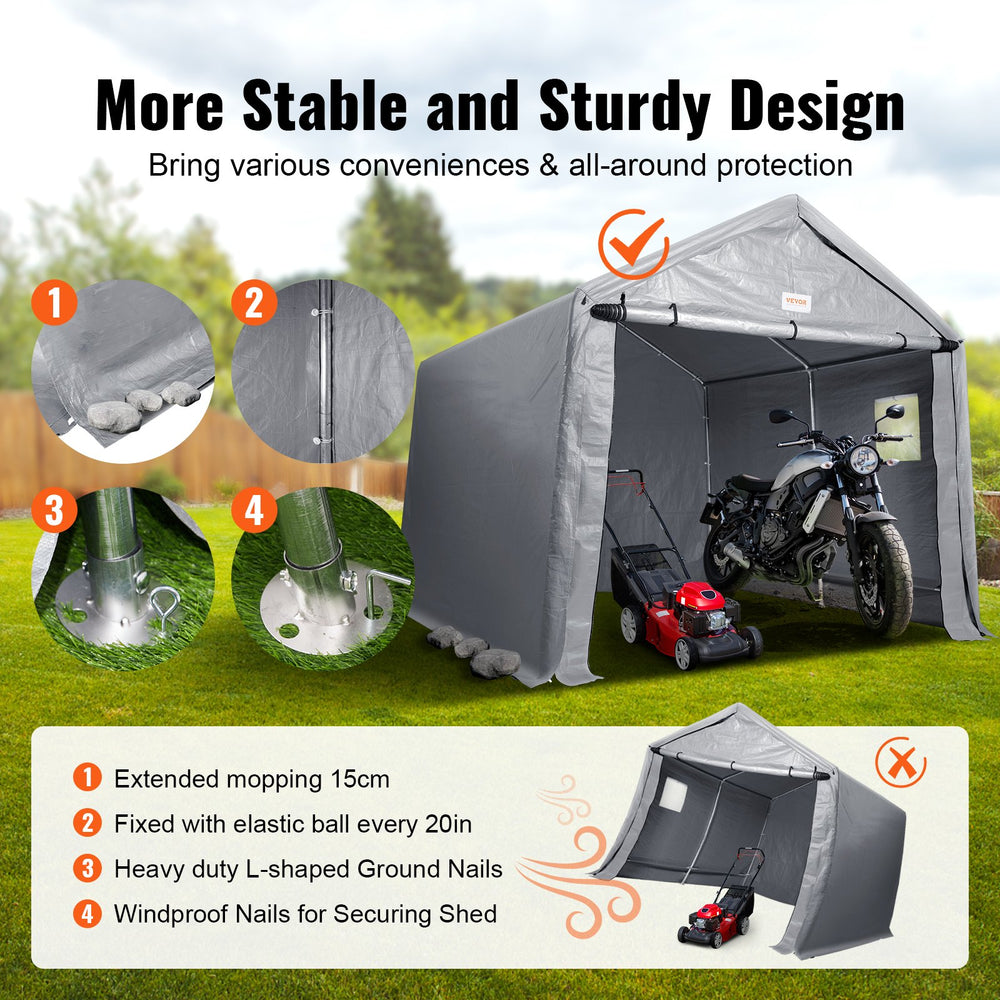 VEVOR Outdoor Storage Shed, 10 x 10 ft Portable Storage Tent with Roll-up Door, Waterproof Canopy Shed Shelter, Heavy Duty Frame, Patio Garage Carport for Motorcycle, Lawn Mower, Bike, Grey