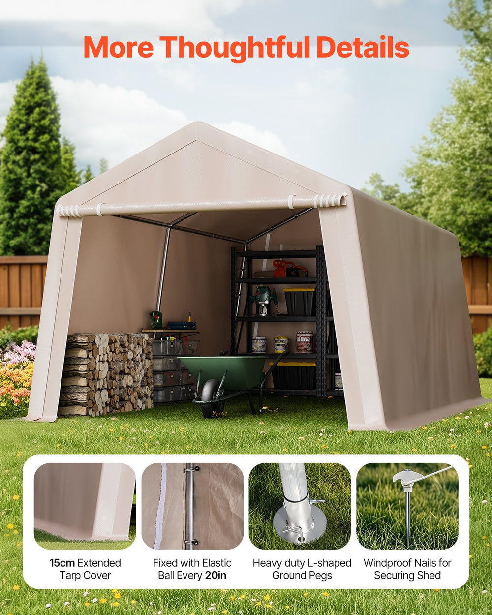 More thoughtful details (extended tarp, elastic balls, ground pegs, nails)