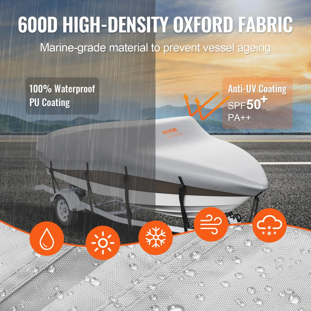 VEVOR Boat Cover, 14'-16' Trailerable Waterproof Boat Cover, 600D Marine Grade PU Oxford, with Motor Cover and Buckle Straps, for V-Hull, Tri-Hull, Fish Ski Boat, Runabout, Bass Boat, Grey