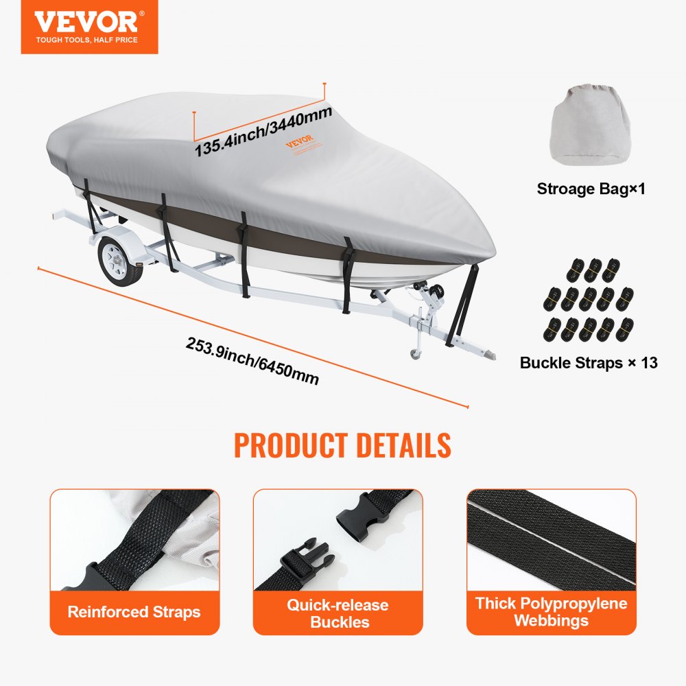 VEVOR Boat Cover, 17'-19' Trailerable Waterproof Boat Cover, 600D Marine Grade PU Oxford, with Motor Cover and Buckle Straps, for V-Hull, Tri-Hull, Runabout, Bass Boat, Fish Ski Boat, Grey