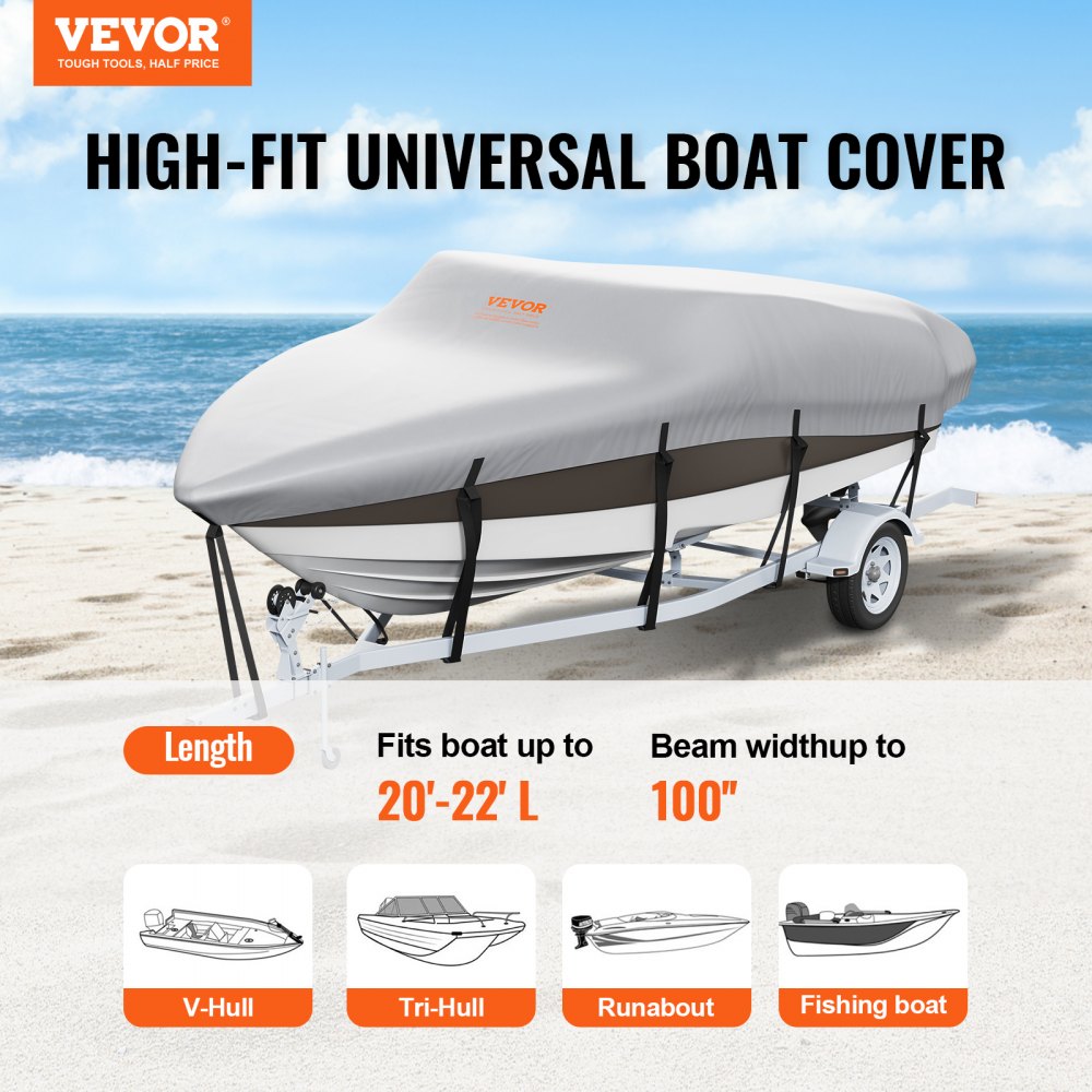VEVOR Boat Cover, 20'-22' Trailerable Waterproof Boat Cover, 600D Marine Grade PU Oxford, with Motor Cover and Buckle Straps, for V-Hull, Tri-Hull, Fish Ski Boat, Runabout, Bass Boat, Grey