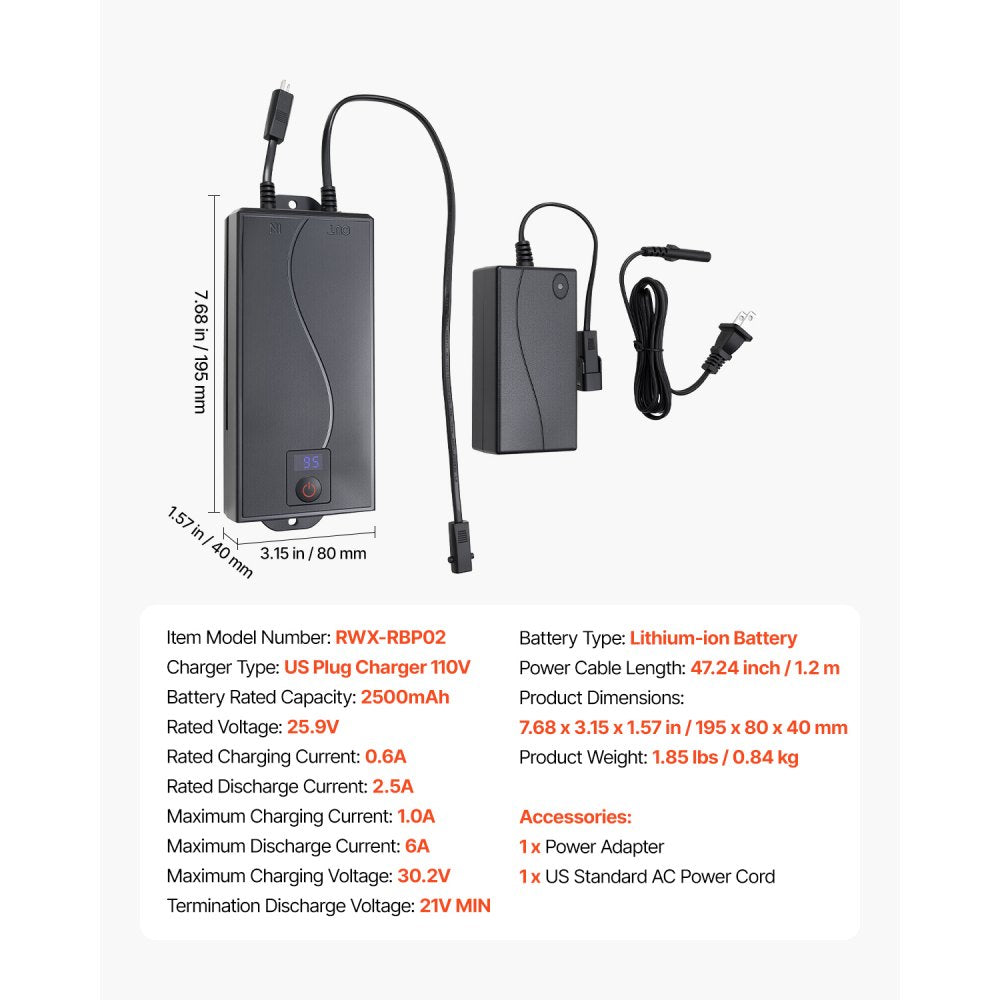 VEVOR Battery Pack for Reclining Furniture with Adapter, 2500 mAh Rechargeable Recliner Battery Pack with Universal 2-Pin Connector and LED Screen, for Electric Recliner, Sofa, Couch & Lift Chair