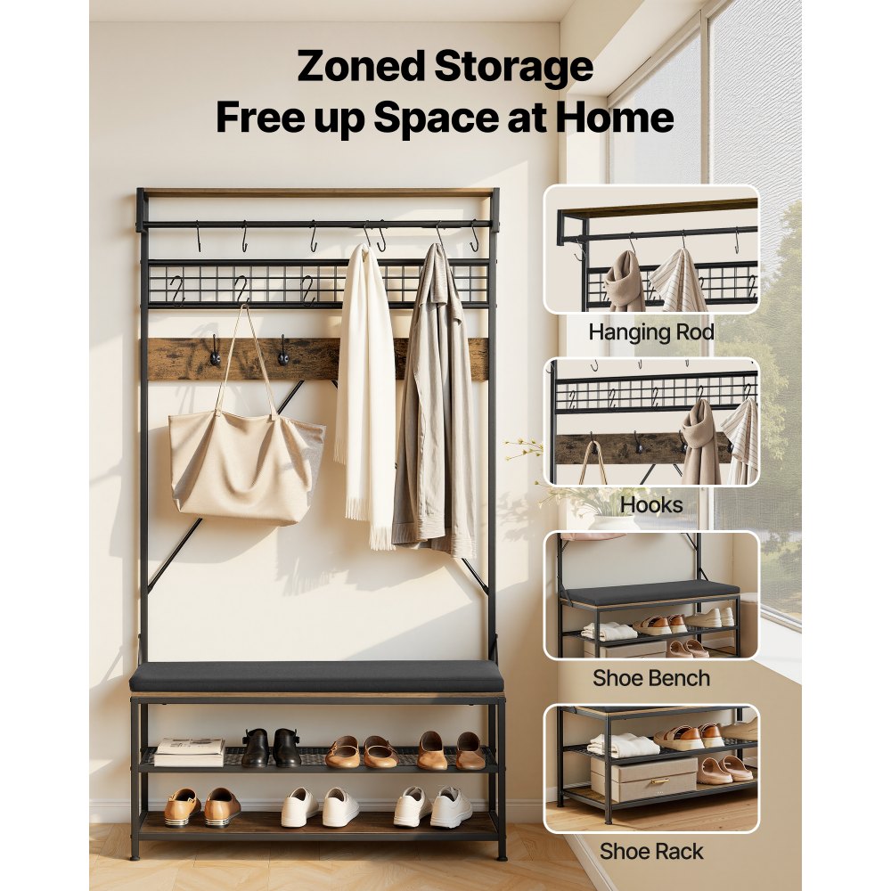 VEVOR Hall Tree, 72 in Coat Rack with Shoe Bench, 2-Tier Freestanding Shoe Rack Storage Organizer with Hooks, Hanging Rod and Wire Shelf, Steel Frame Entrance Coat Holder for Entry, Bedroom, Closet