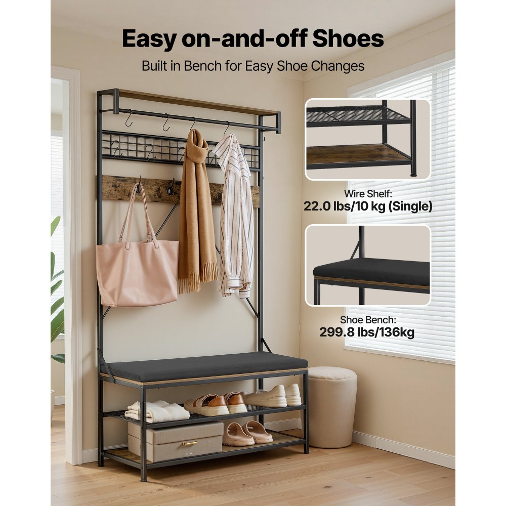 VEVOR Hall Tree, 72 in Coat Rack with Shoe Bench, 2-Tier Freestanding Shoe Rack Storage Organizer with Hooks, Hanging Rod and Wire Shelf, Steel Frame Entrance Coat Holder for Entry, Bedroom, Closet
