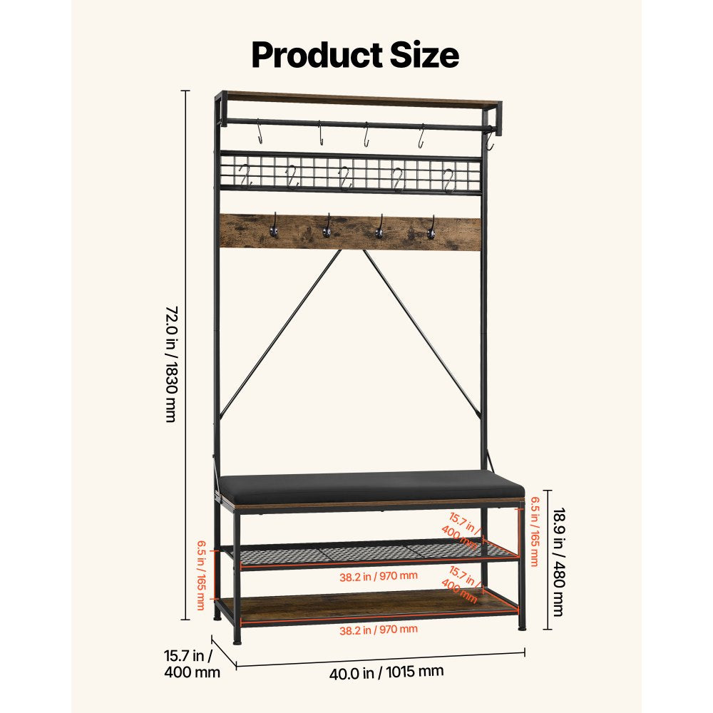 VEVOR Hall Tree, 72 in Coat Rack with Shoe Bench, 2-Tier Freestanding Shoe Rack Storage Organizer with Hooks, Hanging Rod and Wire Shelf, Steel Frame Entrance Coat Holder for Entry, Bedroom, Closet