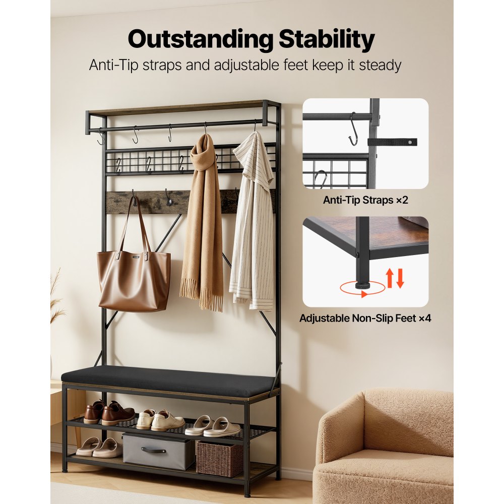 VEVOR Hall Tree, 72 in Coat Rack with Shoe Bench, 2-Tier Freestanding Shoe Rack Storage Organizer with Hooks, Hanging Rod and Wire Shelf, Steel Frame Entrance Coat Holder for Entry, Bedroom, Closet