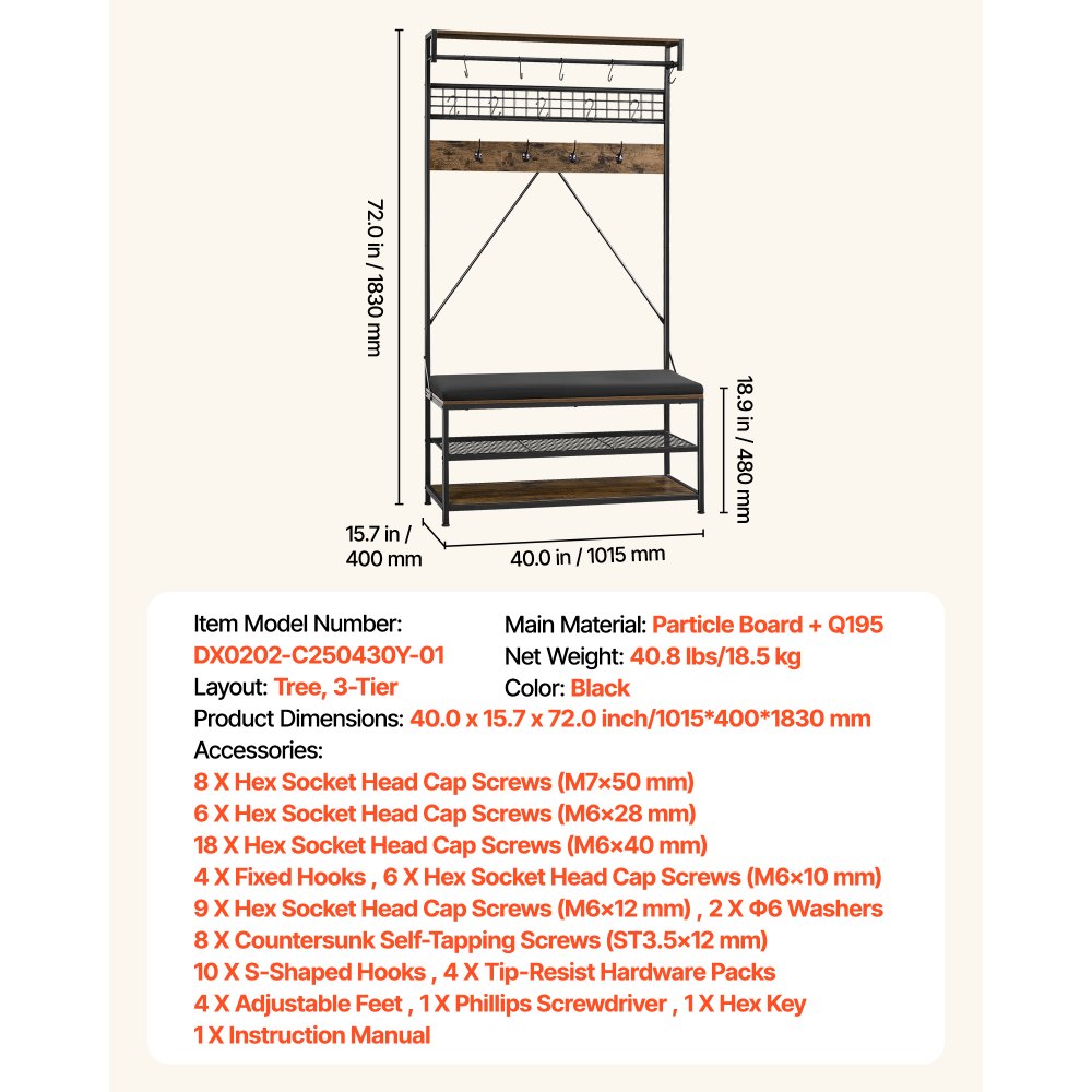 VEVOR Hall Tree, 72 in Coat Rack with Shoe Bench, 2-Tier Freestanding Shoe Rack Storage Organizer with Hooks, Hanging Rod and Wire Shelf, Steel Frame Entrance Coat Holder for Entry, Bedroom, Closet