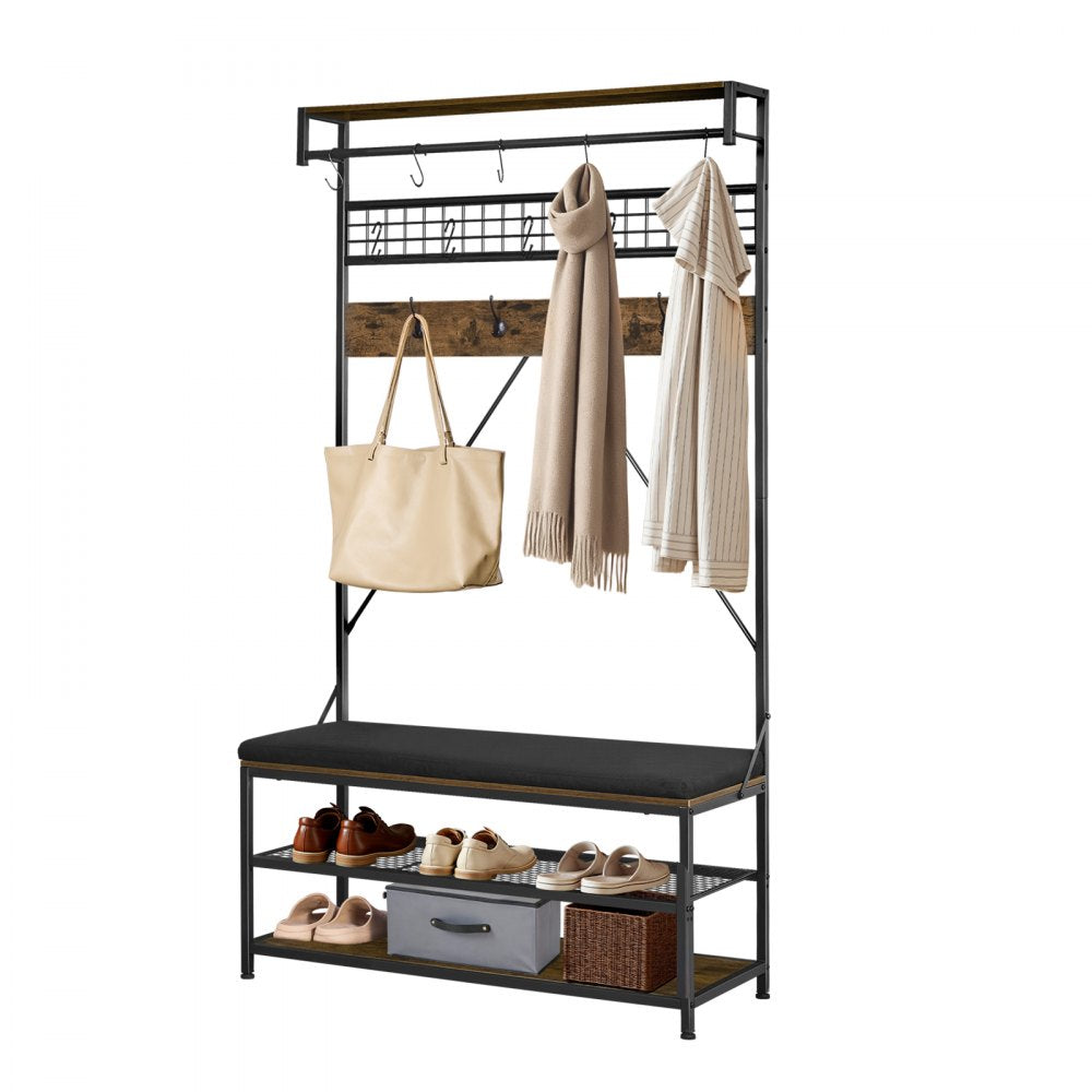 VEVOR Hall Tree, 72 in Coat Rack with Shoe Bench, 2-Tier Freestanding Shoe Rack Storage Organizer with Hooks, Hanging Rod and Wire Shelf, Steel Frame Entrance Coat Holder for Entry, Bedroom, Closet