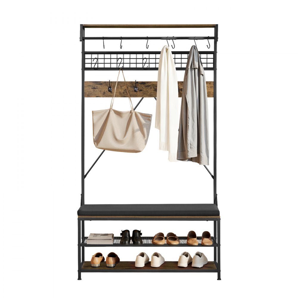 VEVOR Hall Tree, 72 in Coat Rack with Shoe Bench, 2-Tier Freestanding Shoe Rack Storage Organizer with Hooks, Hanging Rod and Wire Shelf, Steel Frame Entrance Coat Holder for Entry, Bedroom, Closet