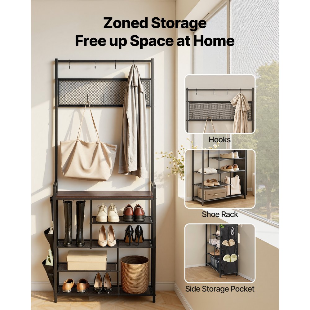 VEVOR Hall Tree, 70.9 in Coat Rack with Shoe Storage, Freestanding 4-Tier Shoe Rack Organizer with Hooks, Side Pocket and Wire Shelf, Steel Frame Entrance Coat Holder for Entryway, Bedroom, Closet